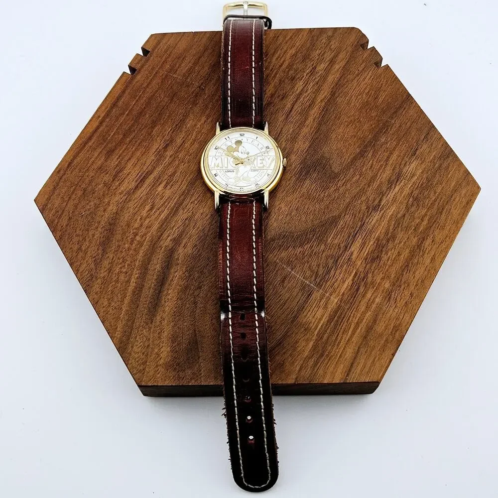 Vintage Disney Mickey Mouse 60 Year Wrist Watch Gold Tone Brown Leather Band